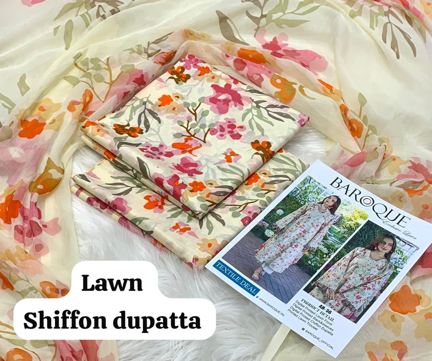 3-piece unstitched lawn suit by Baroque Exclusive Lawn
