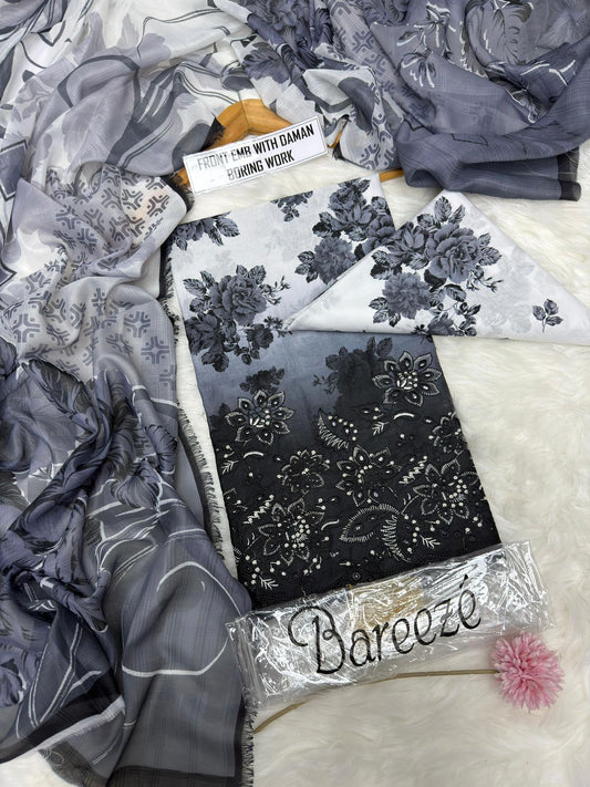 3-piece unstitched lawn suit by Bareeze featuring front embroidery with daman