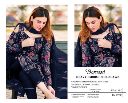 3-piece heavy embroidered lawn suit by Bareeze.
