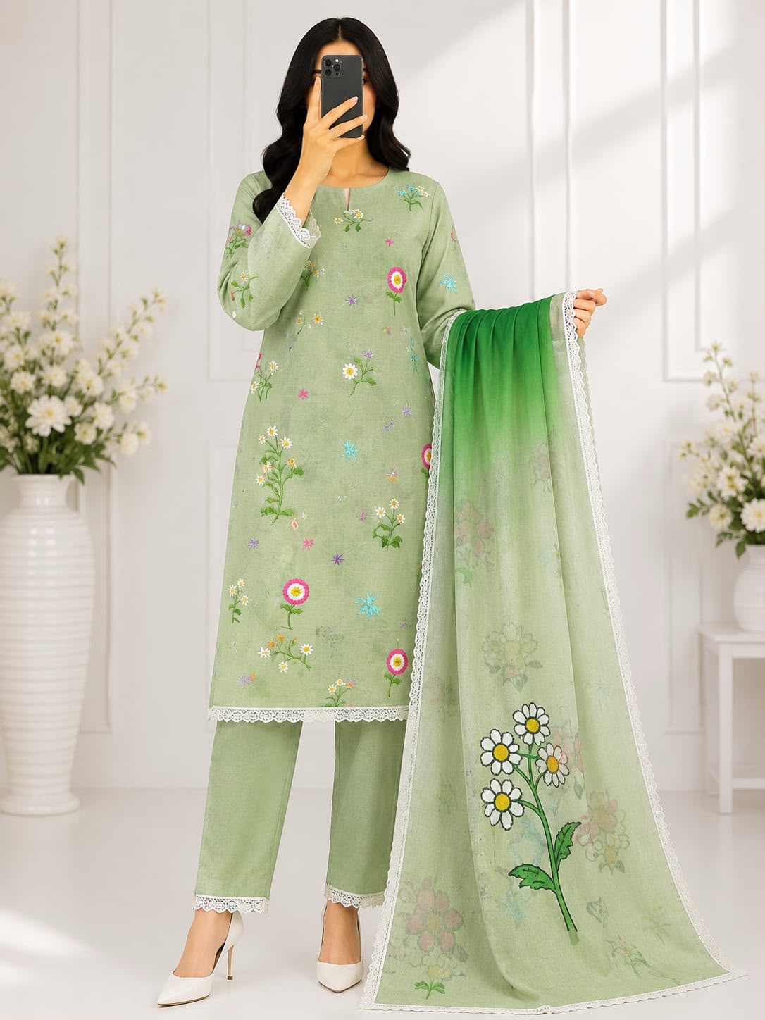 3-piece embroidered lawn suit in pistachio green.