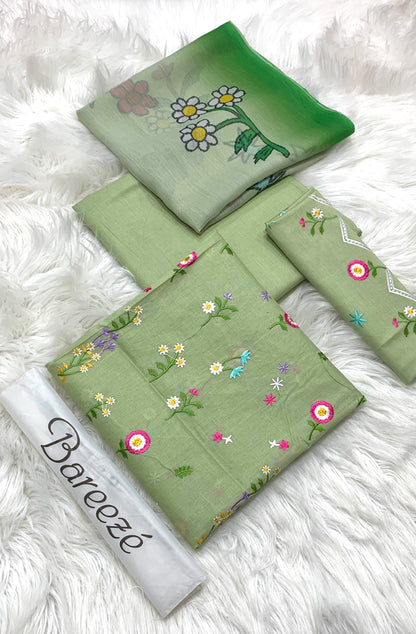 3-piece embroidered lawn suit in pistachio green.
