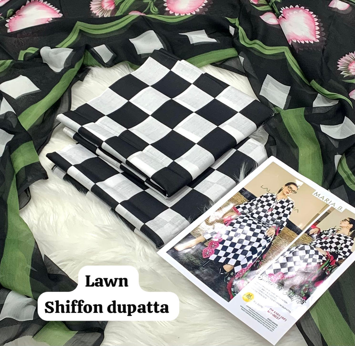 MARIA.B 3-Piece Unstitched Lawn Suit Black & White Checkerboard | Bella's Creation