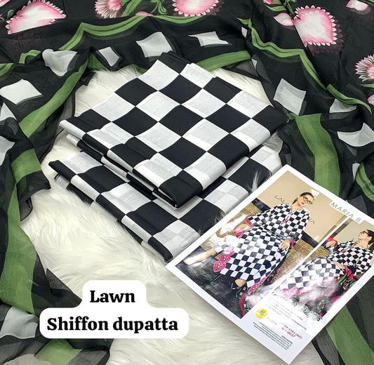 MARIA.B 3-piece unstitched lawn suit by MARIA.B featuring a bold black and white checkerboard print