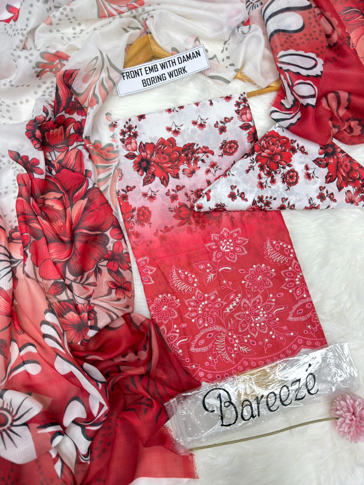 Bareeze 3-Piece Unstitched Lawn Suit Front Embroidery Daman Boring Work | Buy Online Pakistan | Bella's Creation