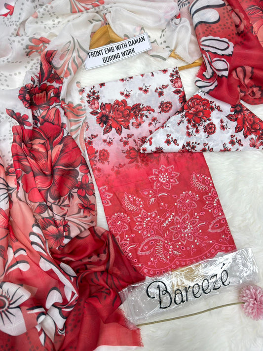 3-piece unstitched lawn suit by Bareeze featuring front embroidery with daman boring work.