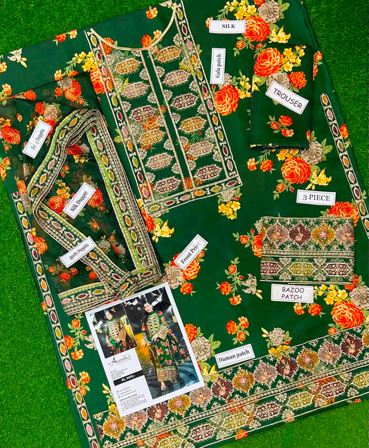 Forest Green 3-Piece Embroidered Suit | Zari & Sequin Work | Bella's Creation