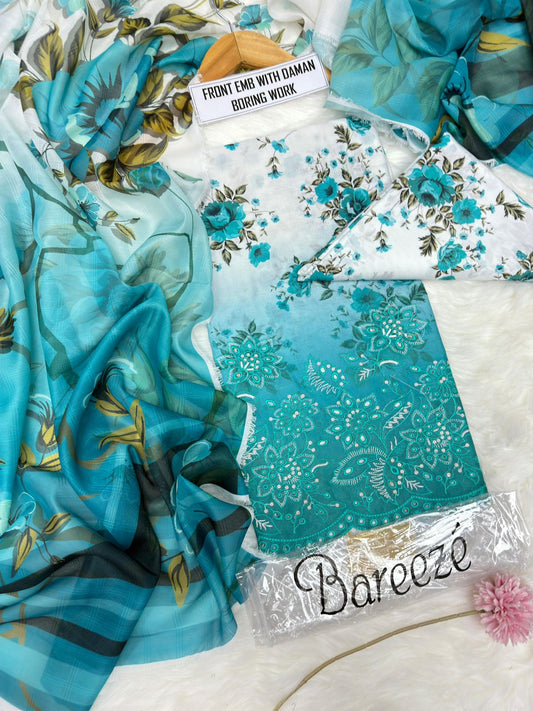 3-piece unstitched lawn suit by Bareeze featuring front embroidery with daman boring work.