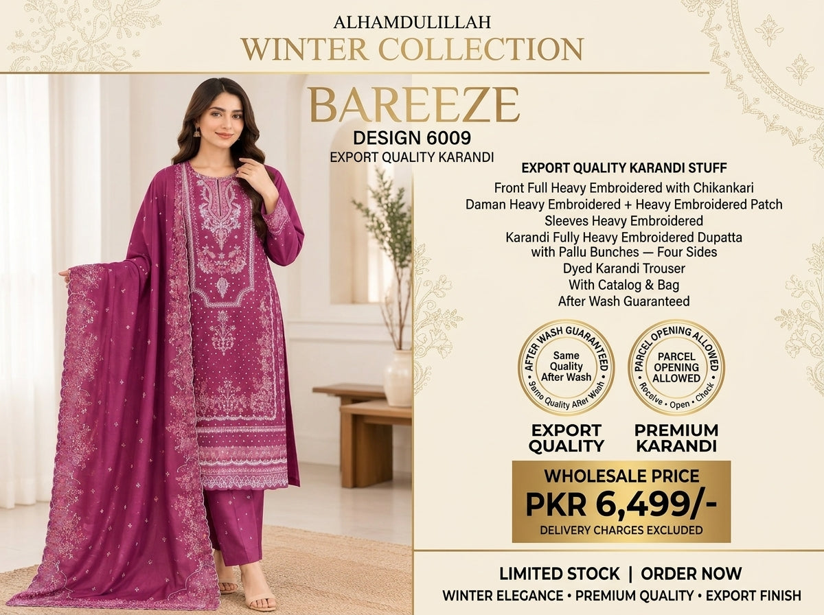 Bareeze 6009 magenta Karandi embroidered three-piece winter suit catalog