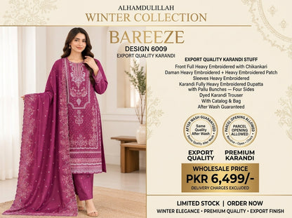 Bareeze 6009 magenta Karandi embroidered three-piece winter suit catalog