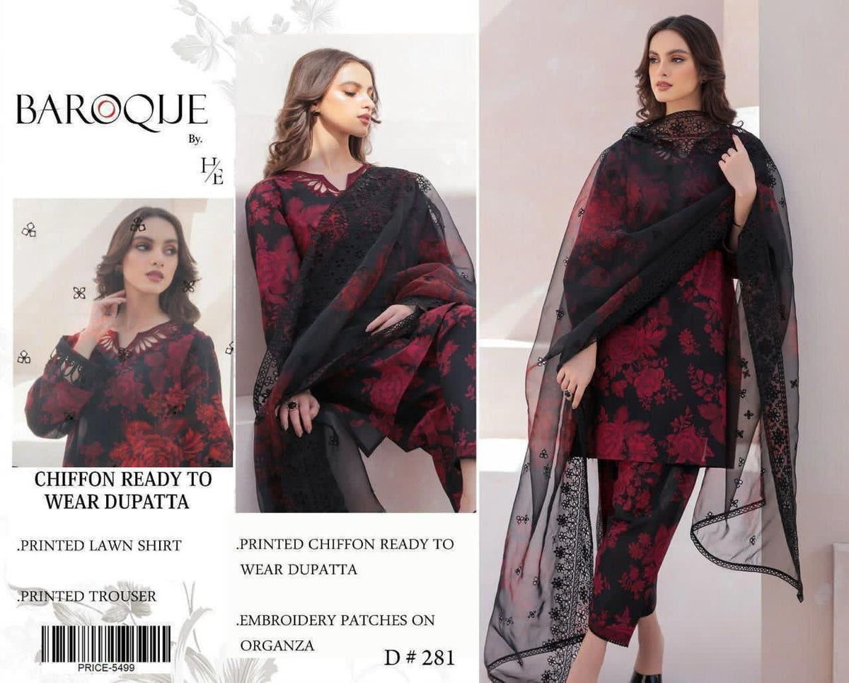 3 Piece Unstitched Printed Lawn Suit with Chiffon Dupatta – Bella's Creation