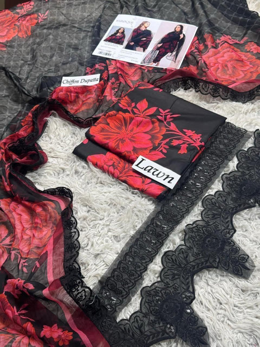 3 Piece Unstitched Printed Lawn Suit with Chiffon Dupatta