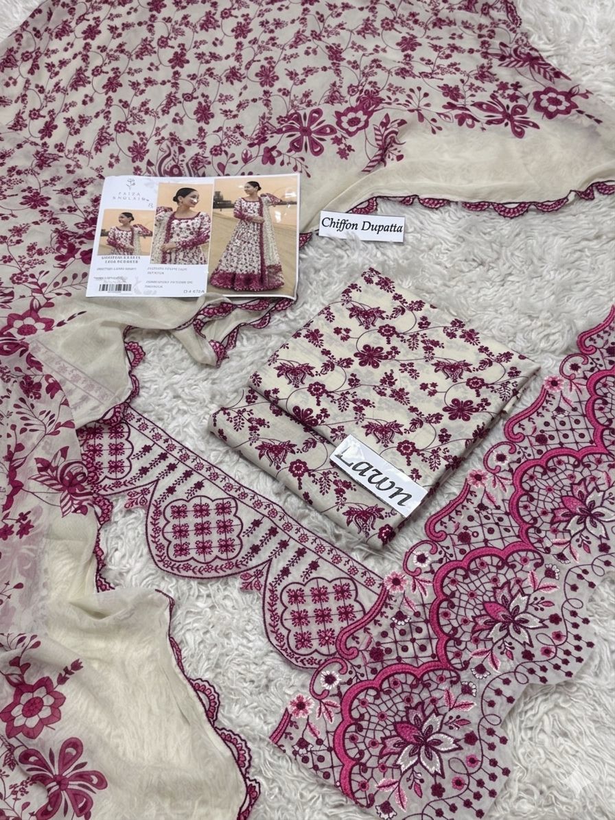 3 Piece Unstitched Lawn Suit with Chiffon 4 Patti Lace Dupatta – Bella's Creation