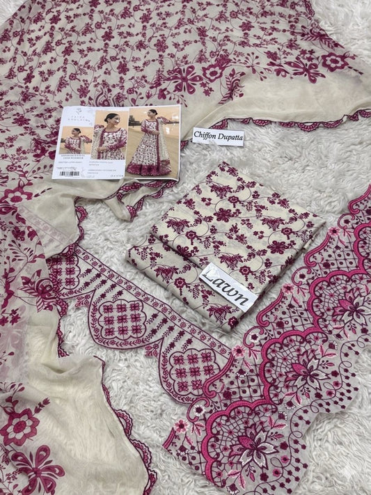 3 Piece Unstitched Lawn Suit with Chiffon 4 Patti Lace Dupatta