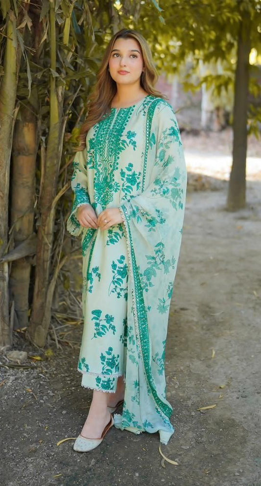 3 Piece Unstitched Lawn Suit with Chiffon 4 Side Lace Cutwork Dupatta