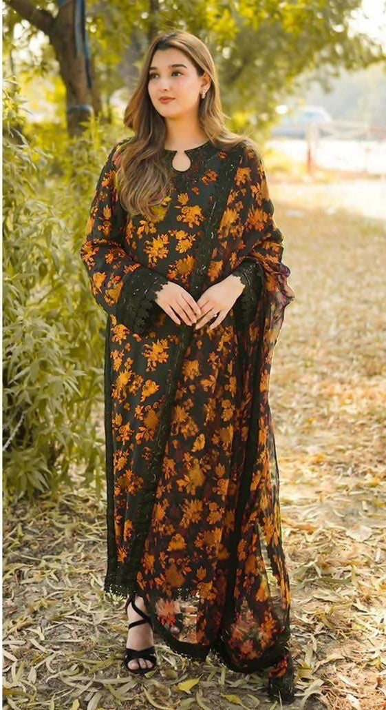 3 Piece Unstitched Lawn Suit with Ready-to-Wear Chiffon Dupatta