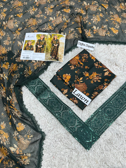 3 Piece Unstitched Lawn Suit with Ready-to-Wear Chiffon Dupatta