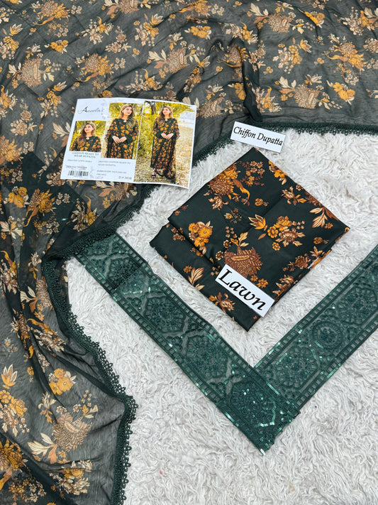 3 Piece Unstitched Lawn Suit with Ready-to-Wear Chiffon Dupatta