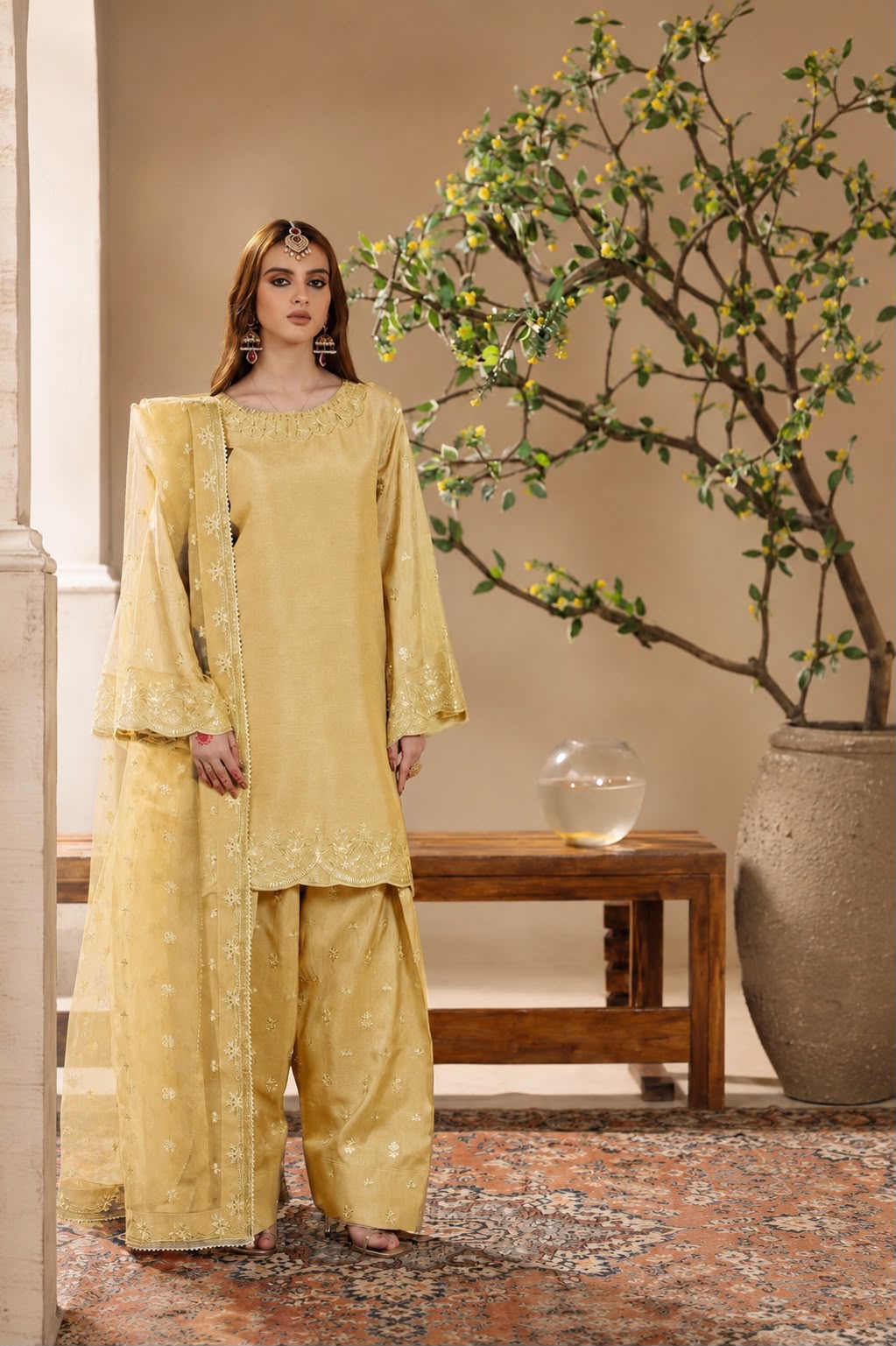 3-Piece Embroidered Silk Suit in Champagne Gold & Beige with Fancy Dupatta | Bella's Creation