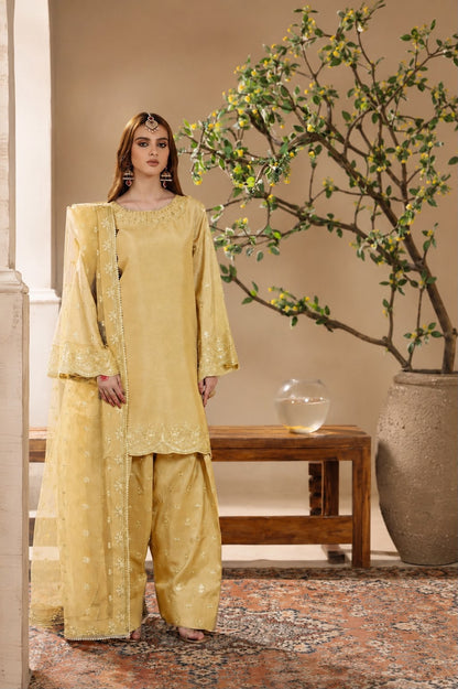 3-Piece Embroidered Silk Suit in Champagne Gold & Beige with Fancy Dupatta | Bella's Creation