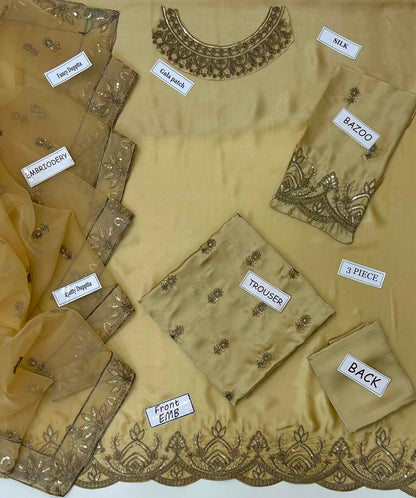 3-Piece Embroidered Silk Suit in Champagne Gold & Beige with Fancy Dupatta | Bella's Creation