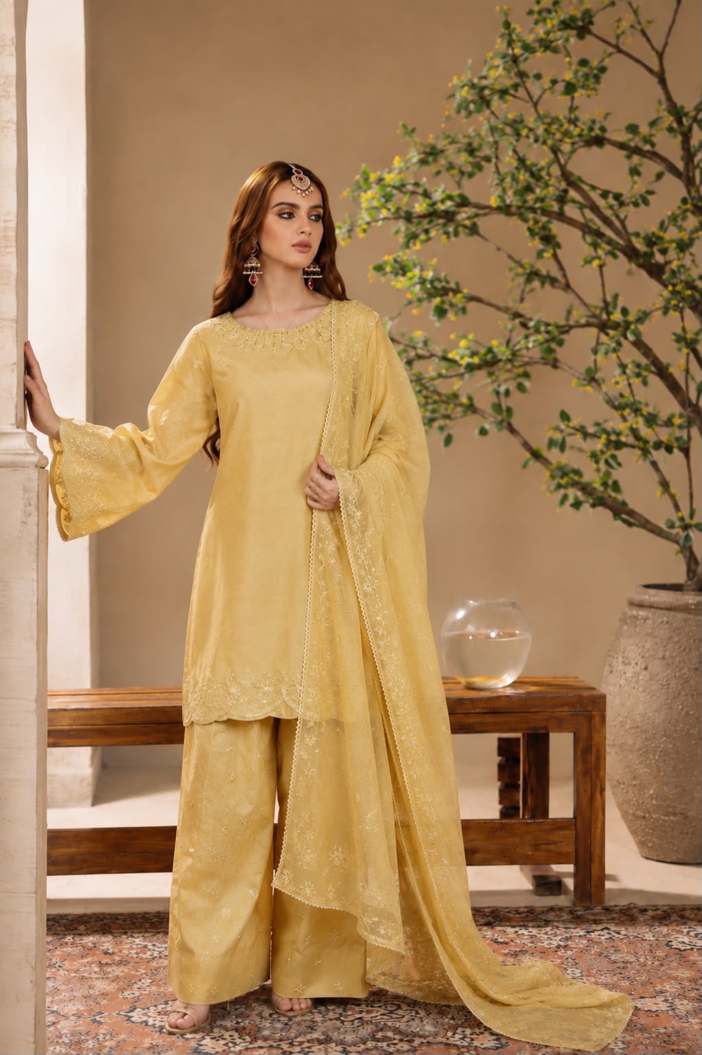 3-Piece Embroidered Silk Suit in Champagne Gold & Beige with Fancy Dupatta | Bella's Creation