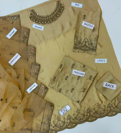 3-Piece Embroidered Silk Suit in Champagne Gold & Beige with Fancy Dupatta | Bella's Creation