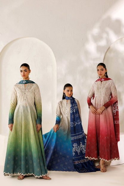 3-Piece Digital Printed Silk Suit in Green with Embroidered Patches & Chiffon Dupatta | Bella's Creation