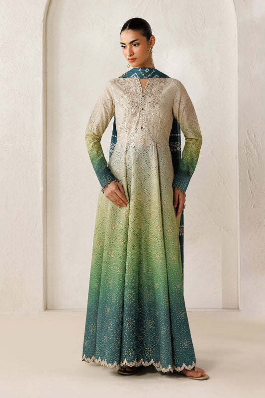 3-Piece Digital Printed Silk Suit in Green with Embroidered Patches & Chiffon Dupatta | Bella's Creation