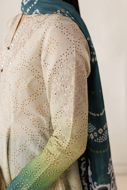 3-Piece Digital Printed Silk Suit in Green with Embroidered Patches & Chiffon Dupatta | Bella's Creation