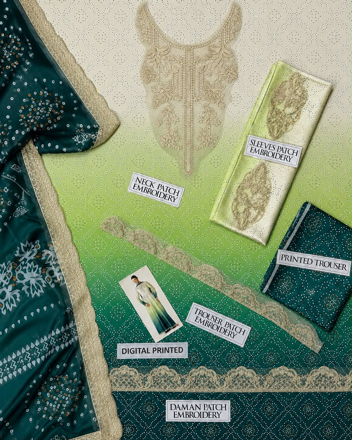 3-Piece Digital Printed Silk Suit in Green with Embroidered Patches & Chiffon Dupatta | Bella's Creation