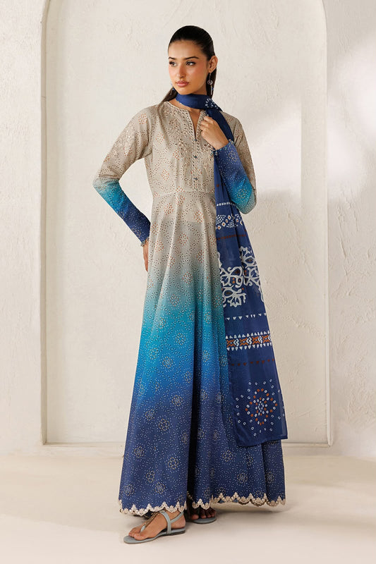 3-Piece Digital Printed Silk Suit in Blue Ombre with Embroidered Patches & Chiffon Dupatta | Bella's Creation