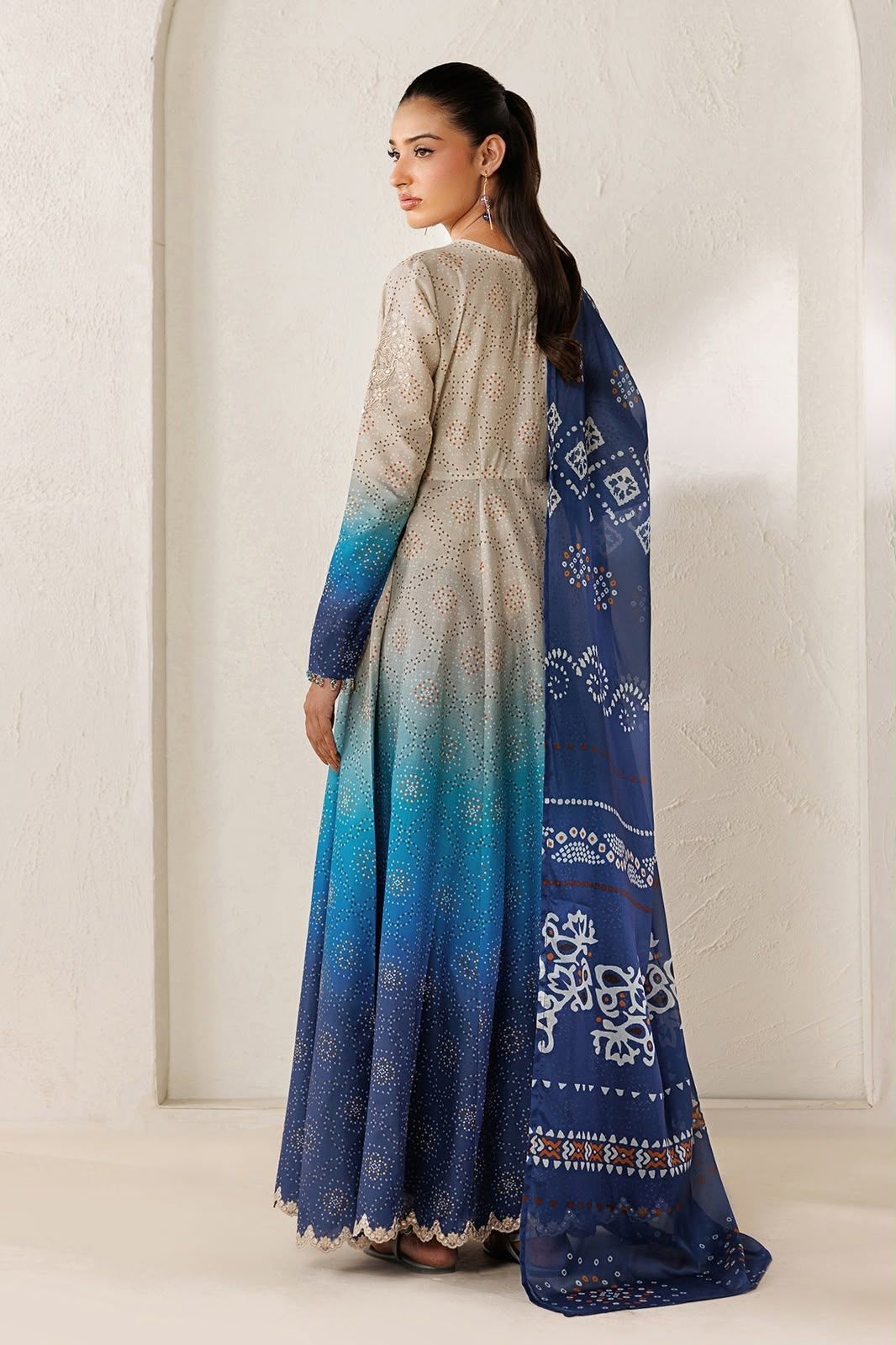 3-Piece Digital Printed Silk Suit in Blue Ombre with Embroidered Patches & Chiffon Dupatta | Bella's Creation