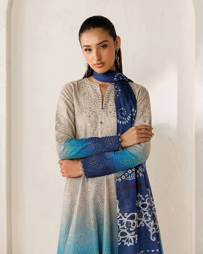 3-Piece Digital Printed Silk Suit in Blue Ombre with Embroidered Patches & Chiffon Dupatta | Bella's Creation