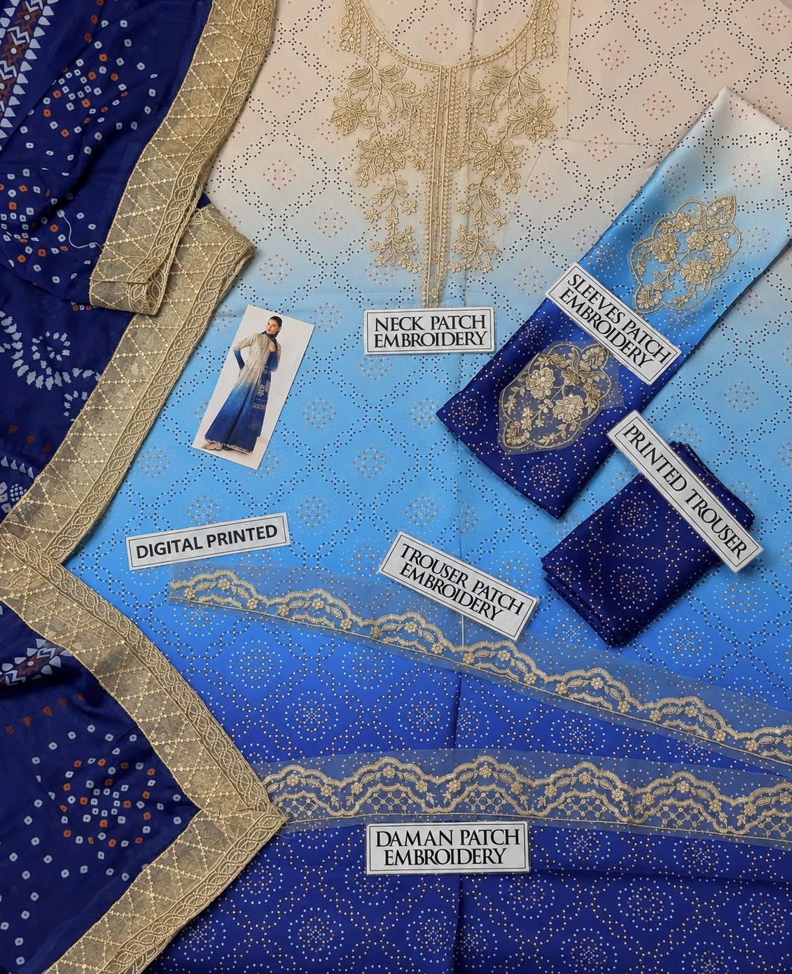 3-Piece Digital Printed Silk Suit in Blue Ombre with Embroidered Patches & Chiffon Dupatta | Bella's Creation