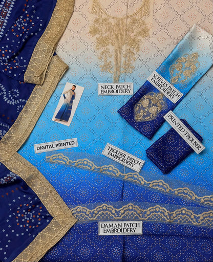 3-Piece Digital Printed Silk Suit in Blue Ombre with Embroidered Patches & Chiffon Dupatta | Bella's Creation