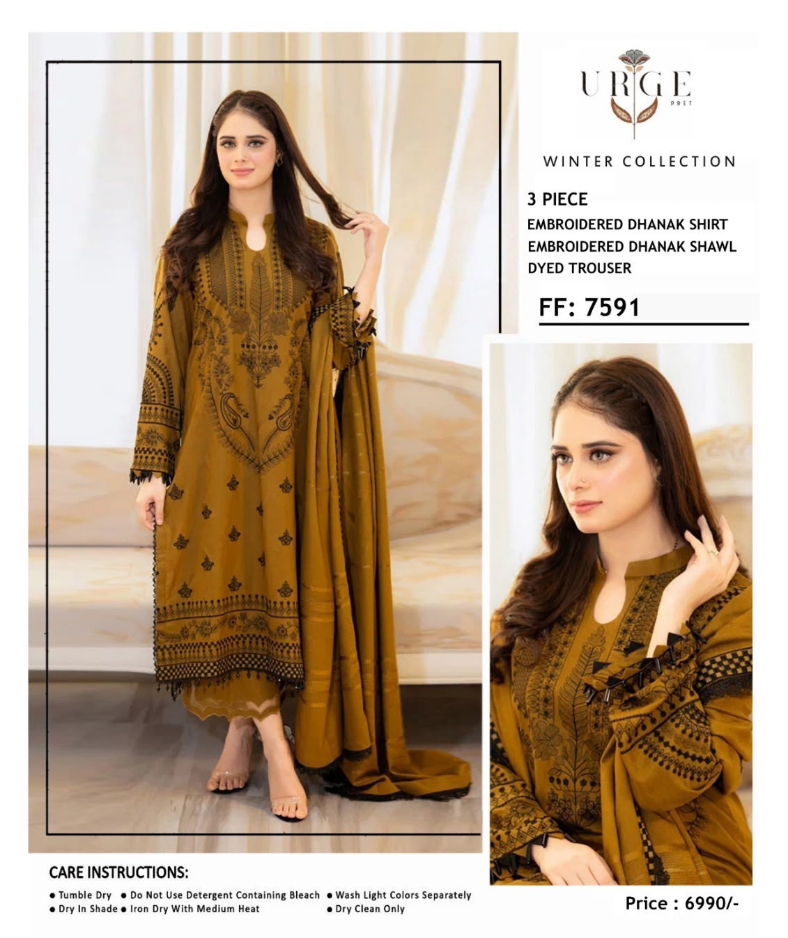 URGE Pret Winter Collection FF-7591 | 3-Piece Embroidered Dhanak Suit