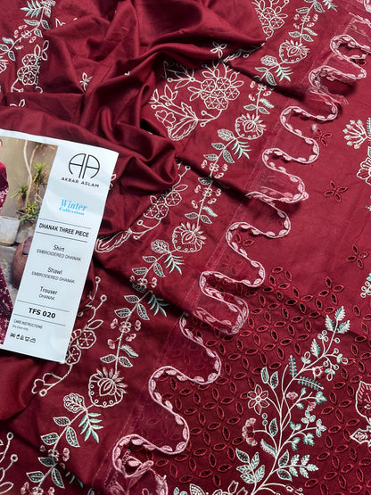 Akbar Aslam Premium Dhanak 3-Piece Embroidered Suit | Winter Collection 2026 | TFS-020