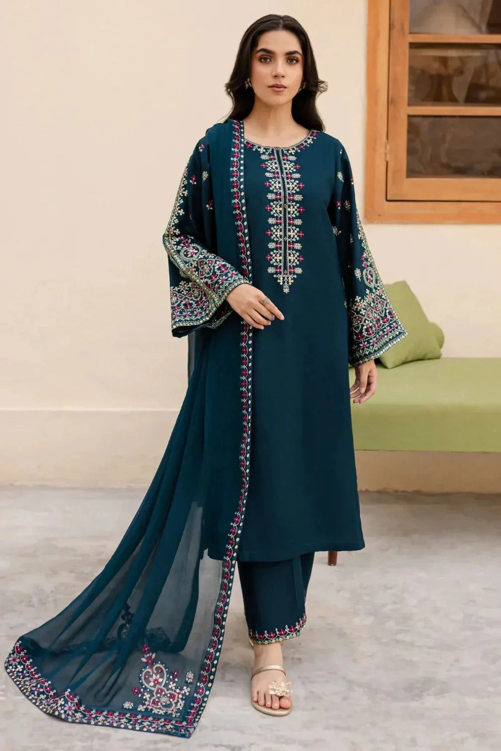Batik Winter Collection BK-7625 – 3PC Embroidered Dhanak Suit (Teal Blue)