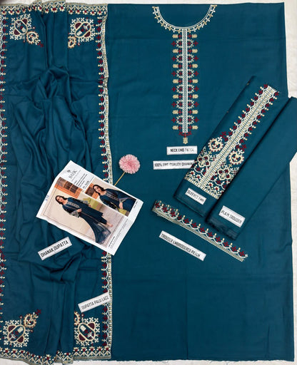 Batik Winter Collection BK-7625 – 3PC Embroidered Dhanak Suit (Teal Blue)