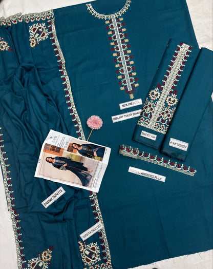 Batik Winter Collection BK-7625 – 3PC Embroidered Dhanak Suit (Teal Blue)
