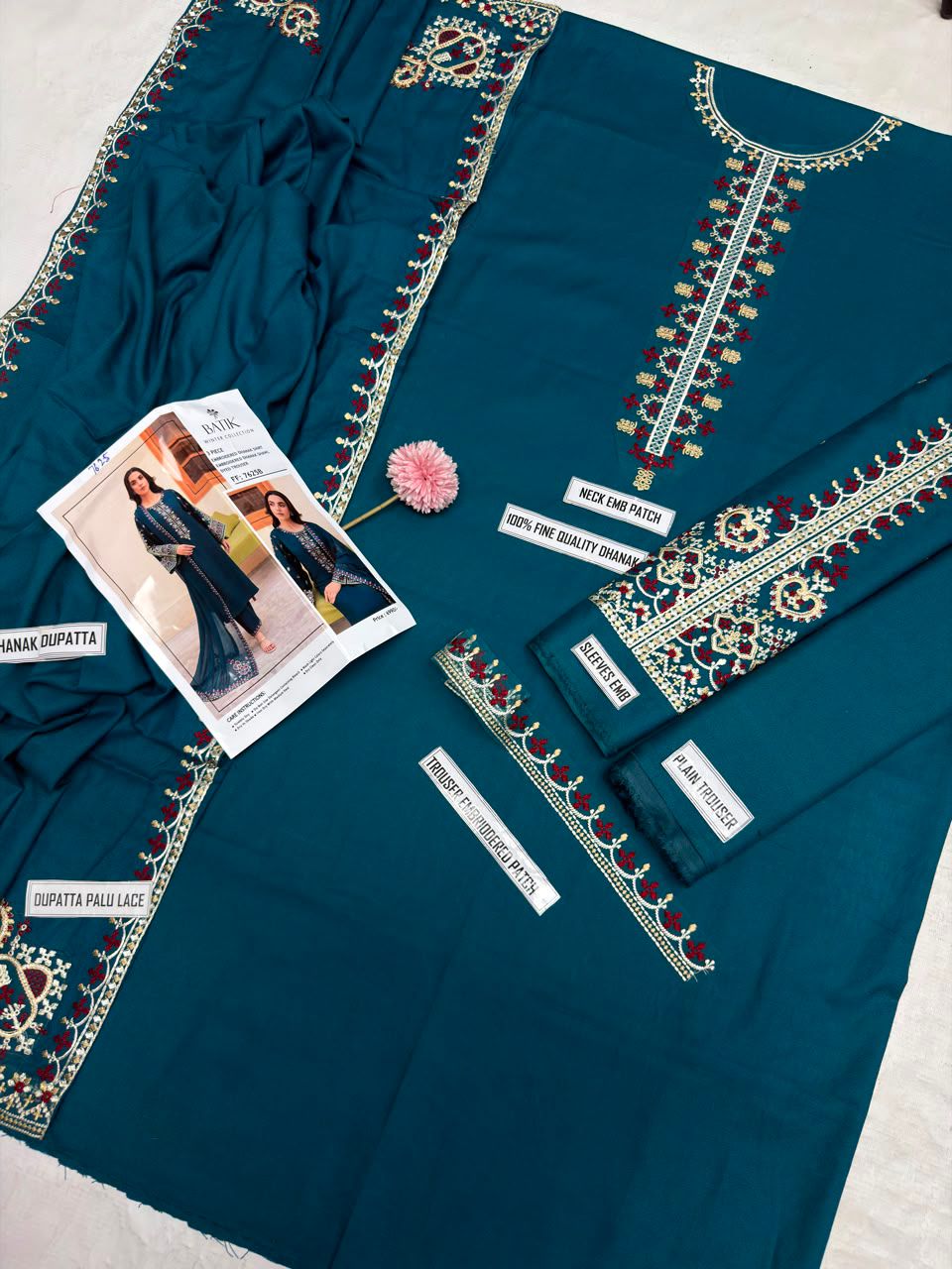 Batik Winter Collection BK-7625 – 3PC Embroidered Dhanak Suit (Teal Blue)