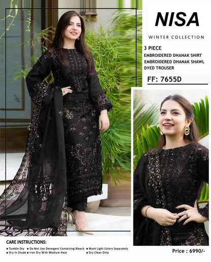 Nisa Winter Collection FF-7655B – 3PC Embroidered Dhanak Suit (Dark Green)