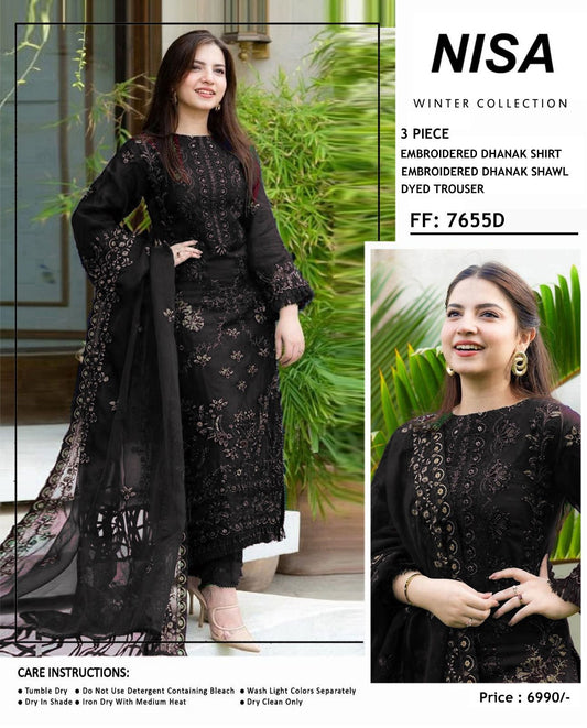 Nisa Winter Collection FF-7655B – 3PC Embroidered Dhanak Suit (Dark Green)