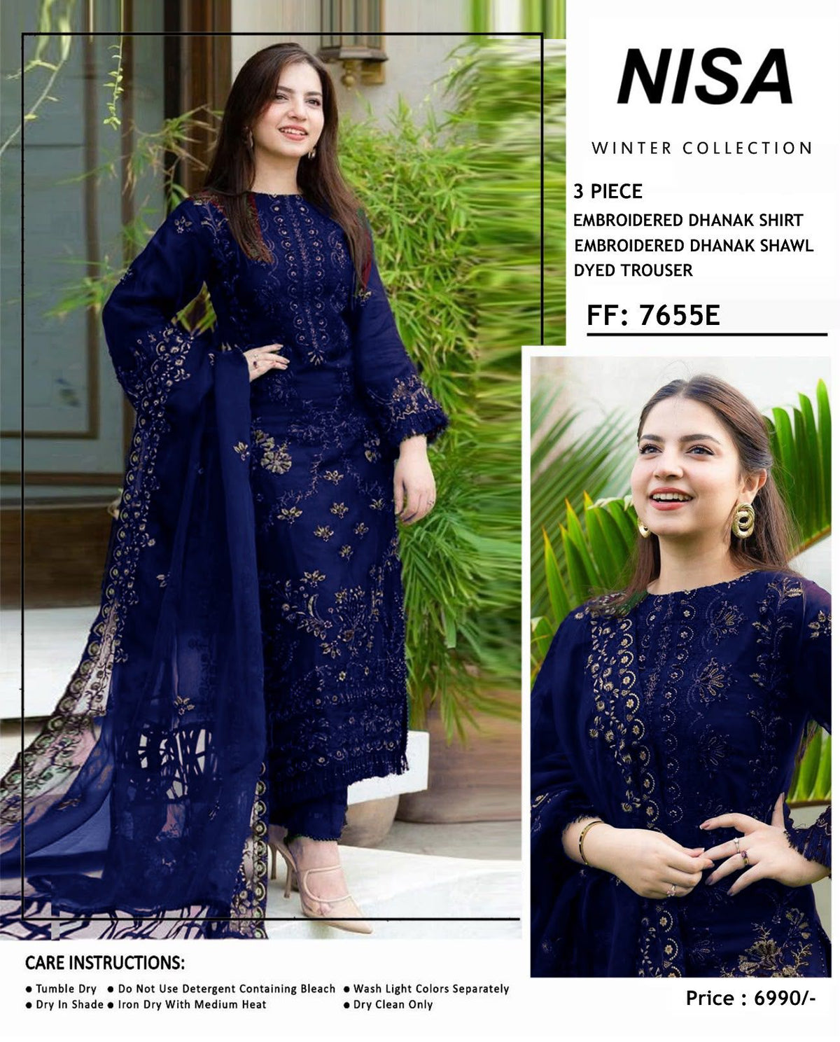 Nisa Winter Collection FF-7655B – 3PC Embroidered Dhanak Suit (Dark Green)