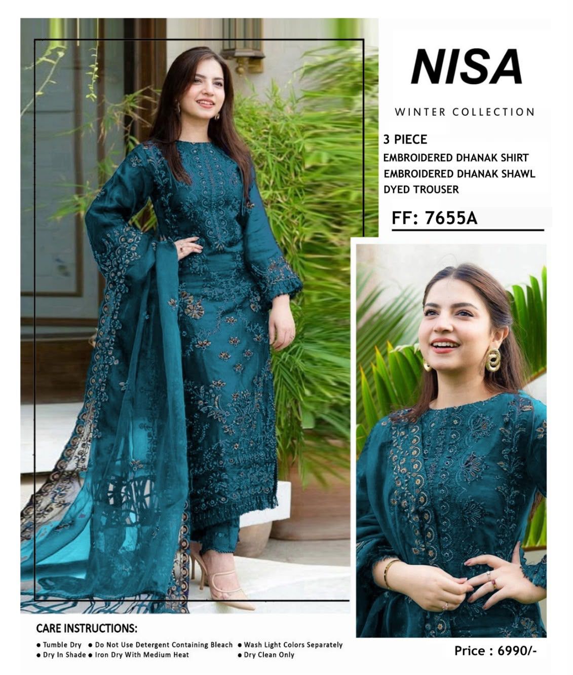 Nisa Winter Collection FF-7655B – 3PC Embroidered Dhanak Suit (Dark Green)