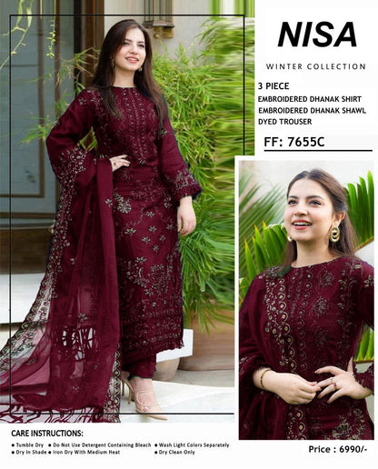 Nisa Winter Collection FF-7655B – 3PC Embroidered Dhanak Suit (Dark Green)
