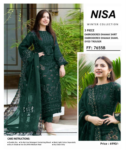 Nisa Winter Collection FF-7655B – 3PC Embroidered Dhanak Suit (Dark Green)