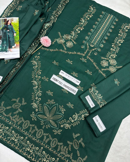 Nisa Winter Collection FF-7655B – 3PC Embroidered Dhanak Suit (Dark Green)