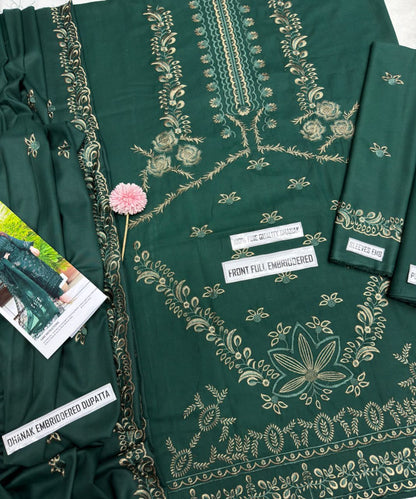 Nisa Winter Collection FF-7655B – 3PC Embroidered Dhanak Suit (Dark Green)