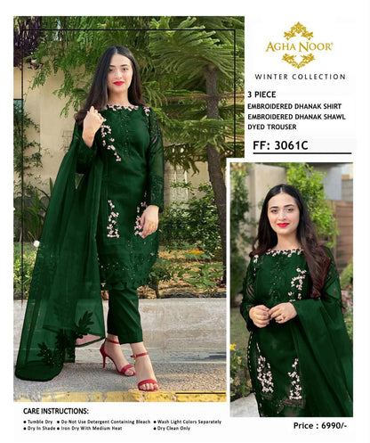 Agha Noor Winter Collection FF-3061C – 3PC Embroidered Dhanak Suit (Dark Green)